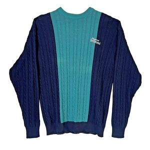 Faldo Golf By Pringle V-neck Sweater‎ Navy Green Cable Knit Cotton Mens S NWT